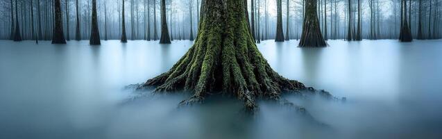Cypress trees surrounded by misty water landscape photo