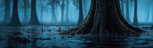 A swamp with trees and water at night photo