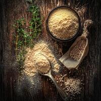 Psyllium fiber in bowl with herbs and spoon on wooden table photo