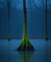 Tall tree with moss reflected in tranquil water at dusk photo