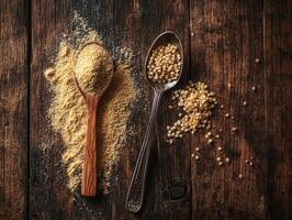 Ground psyllium and whole psyllium seeds on wooden table photo