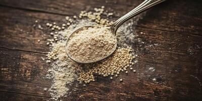 Psyllium powder and seeds on wooden surface photo