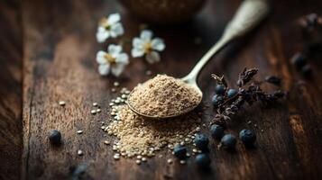 Psyllium husk on wooden table with flowers, berries photo