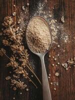 Psyllium husk powder on a wooden surface with herbs photo