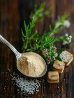 Psyllium powder and natural sweeteners on a rustic table photo