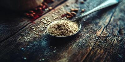 Psyllium husk powder on a rustic wooden table photo