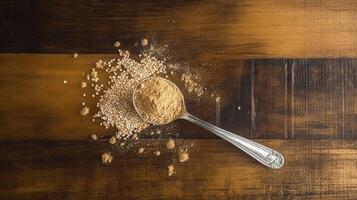 Psyllium husk powder on a wooden surface with a spoon photo