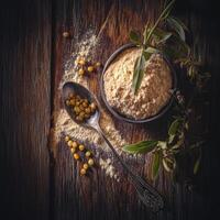 Psyllium powder and seeds arranged on wooden surface photo