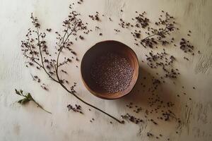 Psyllium seeds arranged with natural elements on a table photo