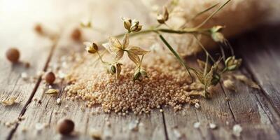Psyllium seeds and flowers resting on wooden surface photo
