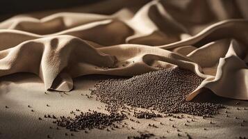 Psyllium seeds scattered on textured fabric surface photo