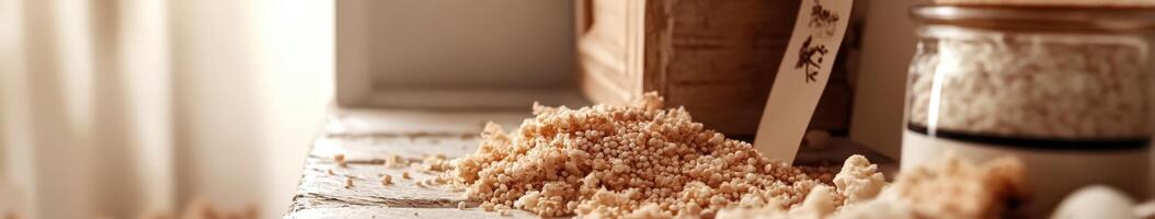 Psyllium husk on a wooden table with natural light photo