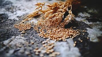 Psyllium seeds and husks arranged on rustic surface photo
