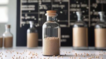 Psyllium powder in glass container on table in laboratory photo