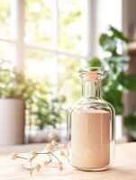 Psyllium husk in a glass container with plants around photo