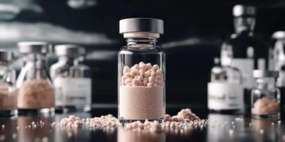 Psyllium powder in a glass bottle with other containers photo
