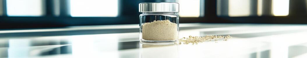 Psyllium husk powder in a glass jar on a polished surface photo