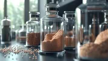 Psyllium seeds in glass containers on a wooden table photo