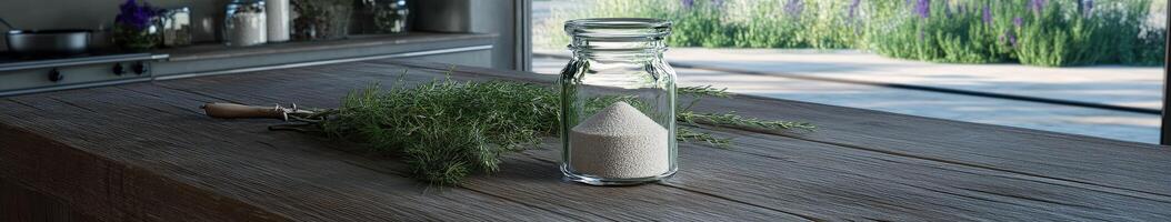 Psyllium husk displayed in a glass jar on a wooden table photo