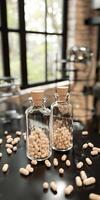 Bottles of psyllium capsules on a wooden table photo