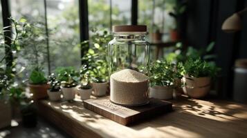 Psyllium husk displayed in a glass jar near plants photo