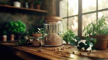 Psyllium in glass jars on wooden table with greenery photo