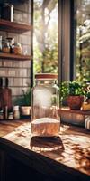 Psyllium husk in a glass jar on a wooden kitchen countertop photo
