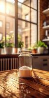 Psyllium in a jar on a wooden kitchen table photo