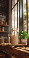 Psyllium in a glass jar on a rustic table photo