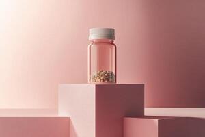Psyllium capsules in a clear container on pink blocks photo