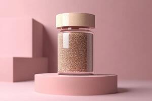 Psyllium husk in a clear glass jar on a pink background photo