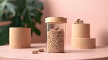 Psyllium fiber capsules and powder in a modern display photo