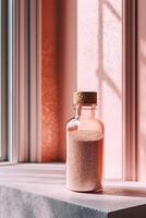 Natural psyllium in a glass bottle with a cork lid photo