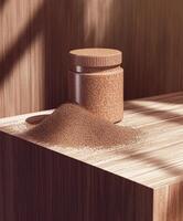 Psyllium powder and jar on wooden table with warm lighting photo