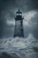 Stormy lighthouse standing strong against raging waves photo