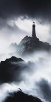 Mysterious lighthouse stands tall amidst stormy sea waves photo