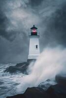 Lighthouse stands firm against a stormy sea at dusk photo