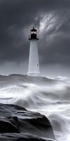 Lighthouse stands resilient against stormy ocean waves photo