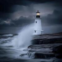 Lighthouse illuminated by stormy skies and crashing waves photo