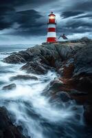 Coastal lighthouse guiding ships through stormy waters photo