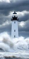 High waves crashing near a lighthouse during stormy weather photo