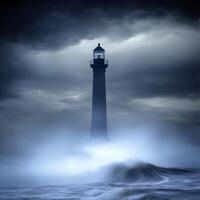 Lighthouse standing tall against stormy ocean waves photo