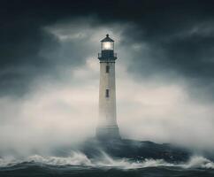 Stormy lighthouse standing tall against crashing waves photo