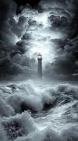Dark lighthouse guiding through stormy seas at night photo