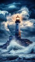 Stormy lighthouse guiding ships through turbulent sea photo