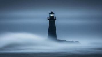 Lighthouse shining light during stormy weather at dusk photo