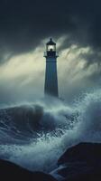 Waves crash against a lighthouse during a stormy evening photo
