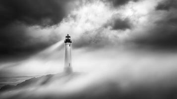 Lighthouse standing tall amidst fog and dark clouds photo