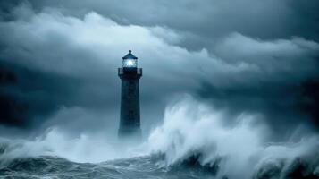 Lighthouse guiding ships amidst stormy seas at dusk photo