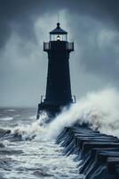 Lighthouse stands firm against crashing waves during storm photo